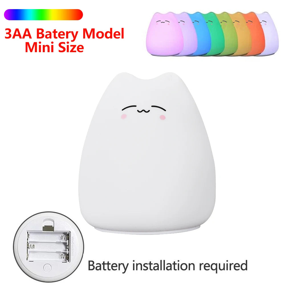 Cute Cat Night Light For Baby Kids Cartoon 7 Colors Silicone Sleeping Lamp Touch Sensor Table Lamp For Home Bedroom Decoration
