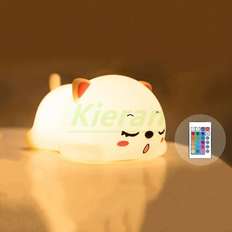 Lovely Cat USB Rechargeable Silicone LED Night Light Bedroom Bedside Floor Lamp with Remote for Kids Baby Gift Touch Sensor Lamp
