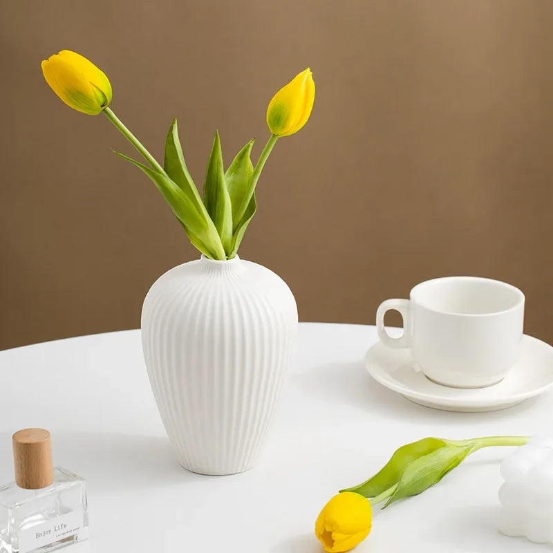 Nordic Ceramic Vase White Frosted Striped Small Flower Porcelain Minimalist Home Decor Living Room Flower Art Decoration