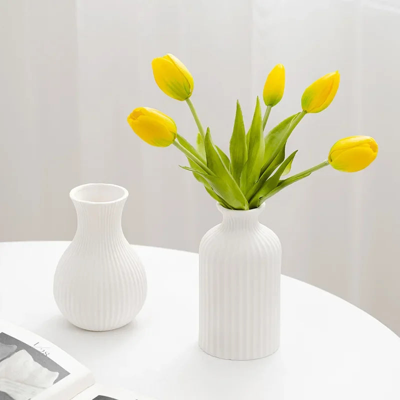 Nordic Ceramic Vase White Frosted Striped Small Flower Porcelain Minimalist Home Decor Living Room Flower Art Decoration