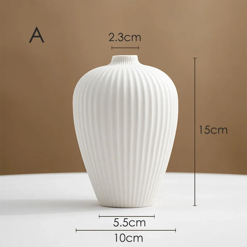 Nordic Ceramic Vase White Frosted Striped Small Flower Porcelain Minimalist Home Decor Living Room Flower Art Decoration