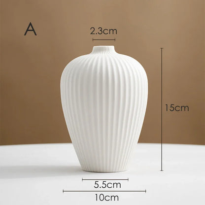 Nordic Ceramic Vase White Frosted Striped Small Flower Porcelain Minimalist Home Decor Living Room Flower Art Decoration