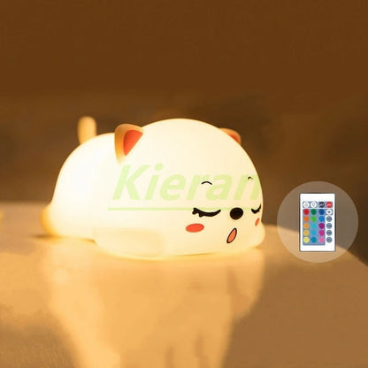 Lovely Cat USB Rechargeable Silicone LED Night Light Bedroom Bedside Floor Lamp with Remote for Kids Baby Gift Touch Sensor Lamp