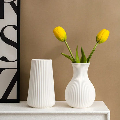 Nordic Ceramic Vase White Frosted Striped Small Flower Porcelain Minimalist Home Decor Living Room Flower Art Decoration